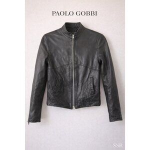 Paolo Gobbi Black Leather Cafe Racer Jacket IT 42 Slim Zip Moto Minimalist Small